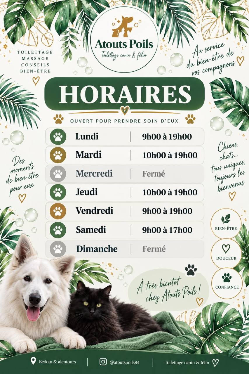 Affiche des horaires d’ouverture du salon Atouts Poils